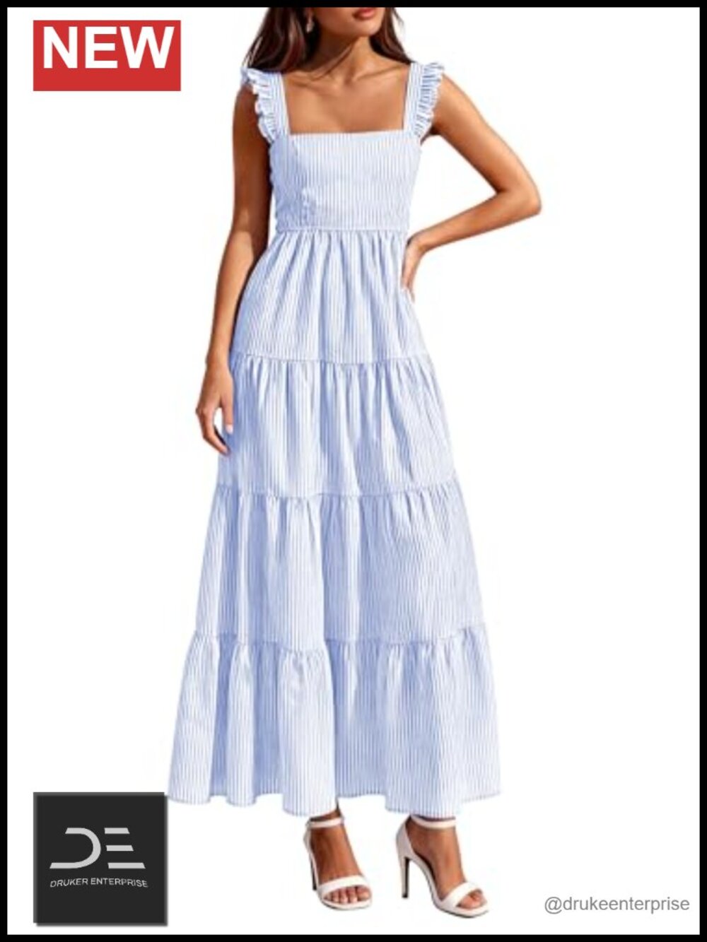 Womens Summer Striped Maxi Sun Dress Sleeveless Smocked Tiered Hem